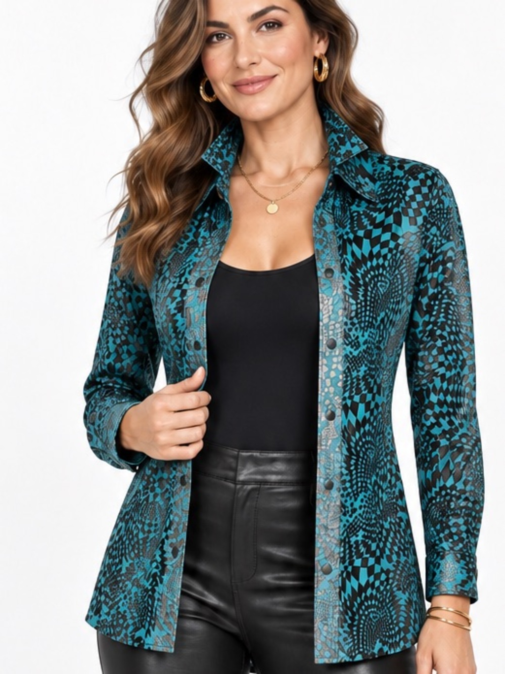 Vintage Snap Front Shirt in Suede with Graphic Pattern in Aqua/Black Size S